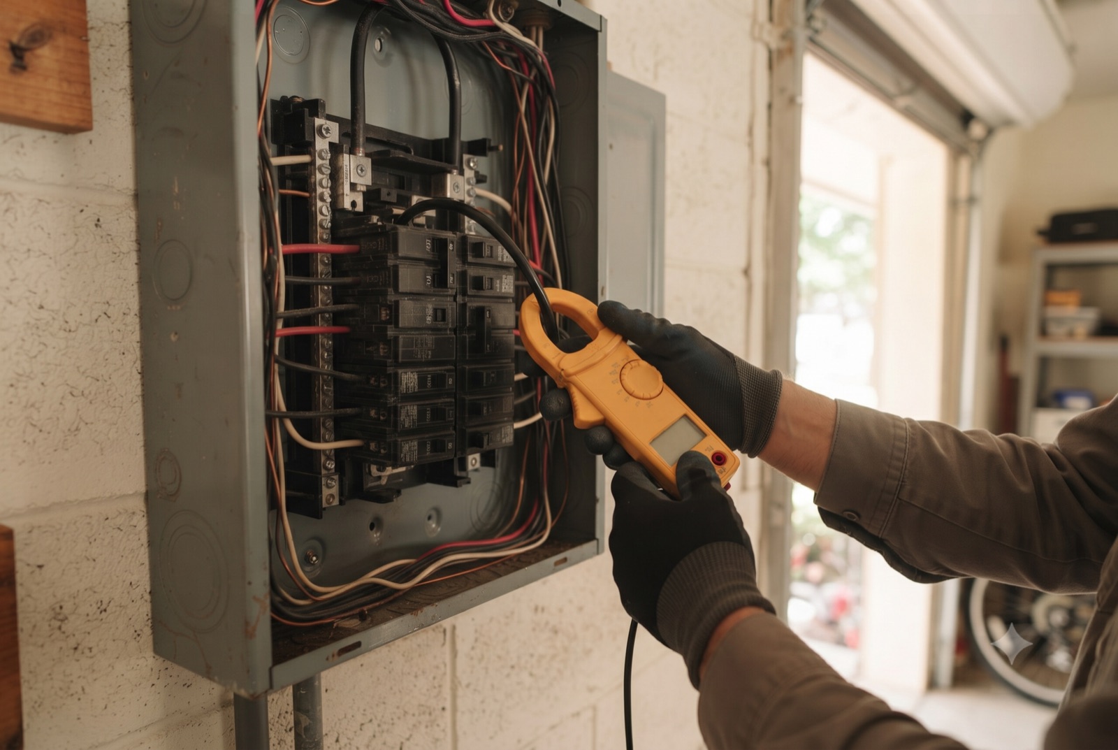 Electrician using a clamp meter to test amperage load on a circuit breaker — Tampa Bay