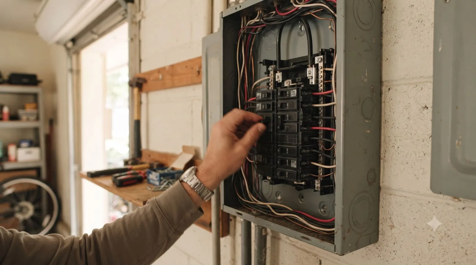 Fixer Service electrician flips a breaker back on inside an open panel — Tampa Bay home