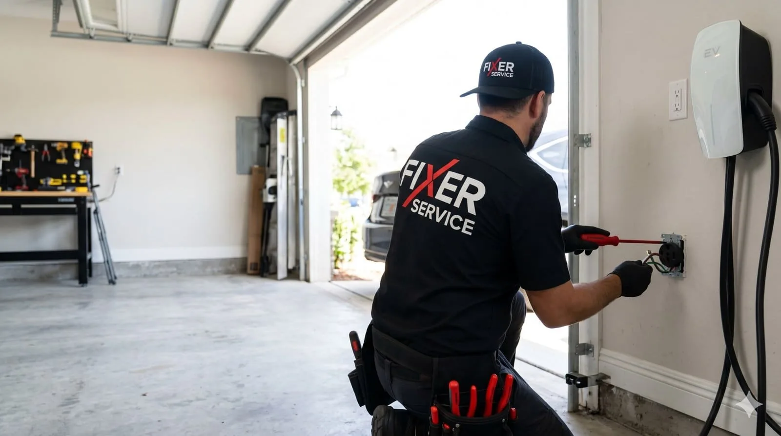Fixer Service technician installing a Level 2 EV charger in a Tampa Bay garage