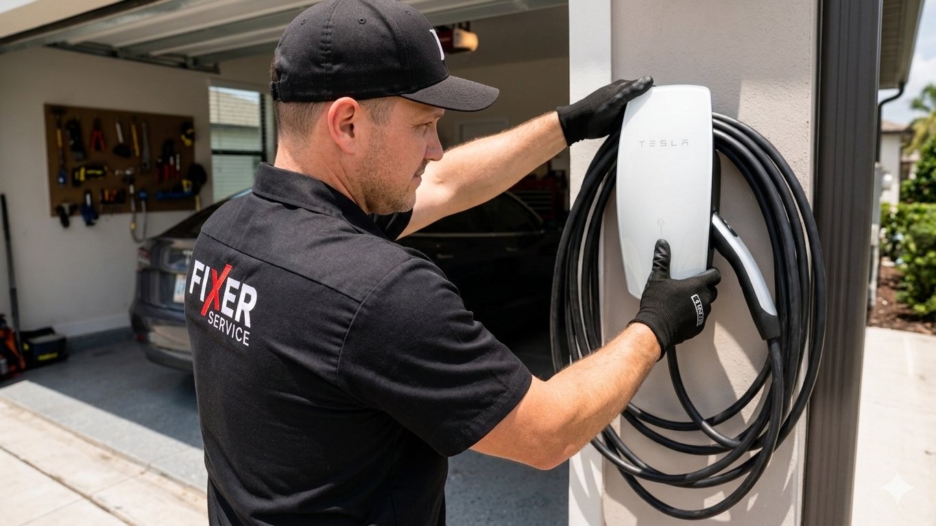 Fixer Service technician installing a Tesla Wall Connector EV charger at a Tampa Bay home