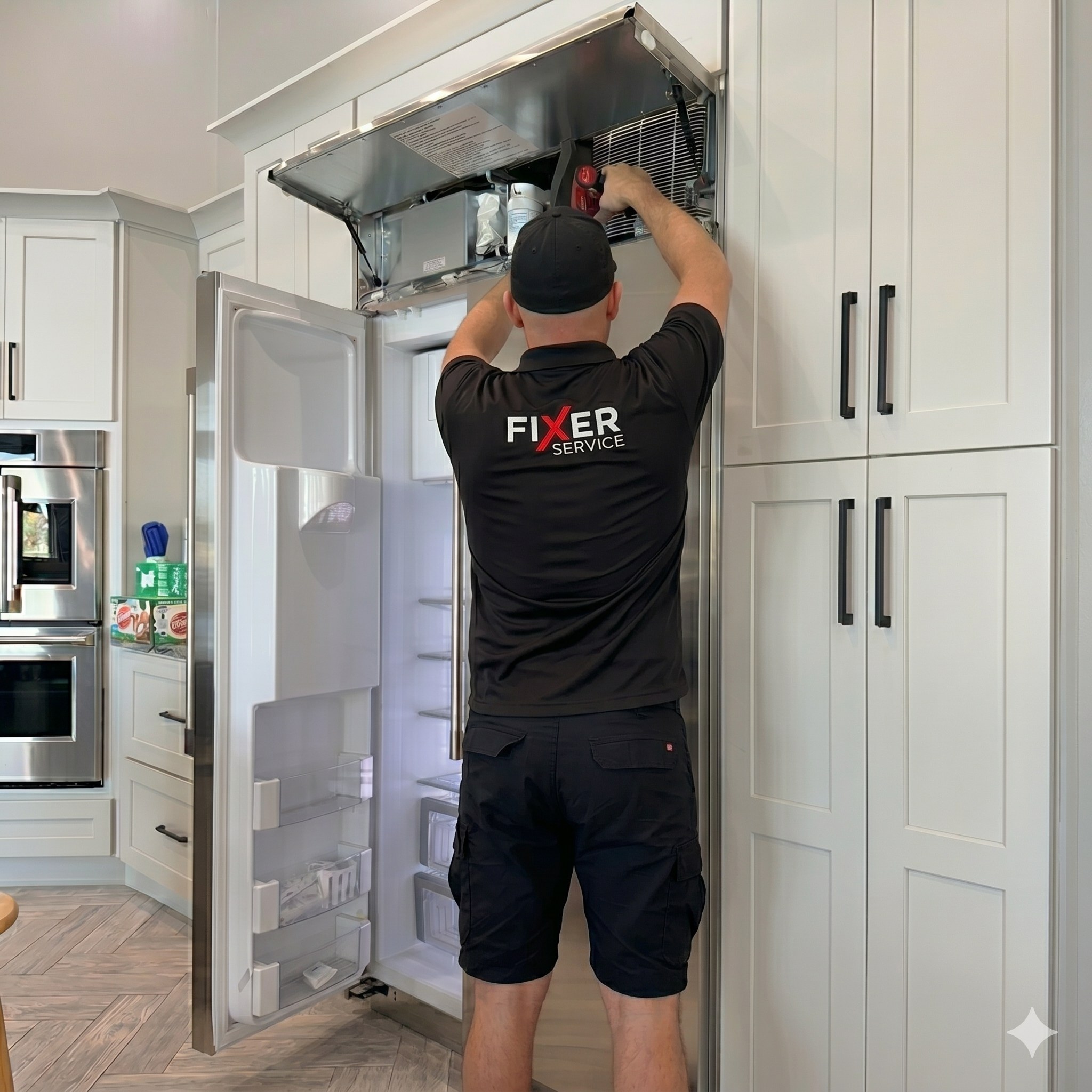 Fixer Service technician servicing a GE Monogram built-in refrigerator top panel — New Port Richey