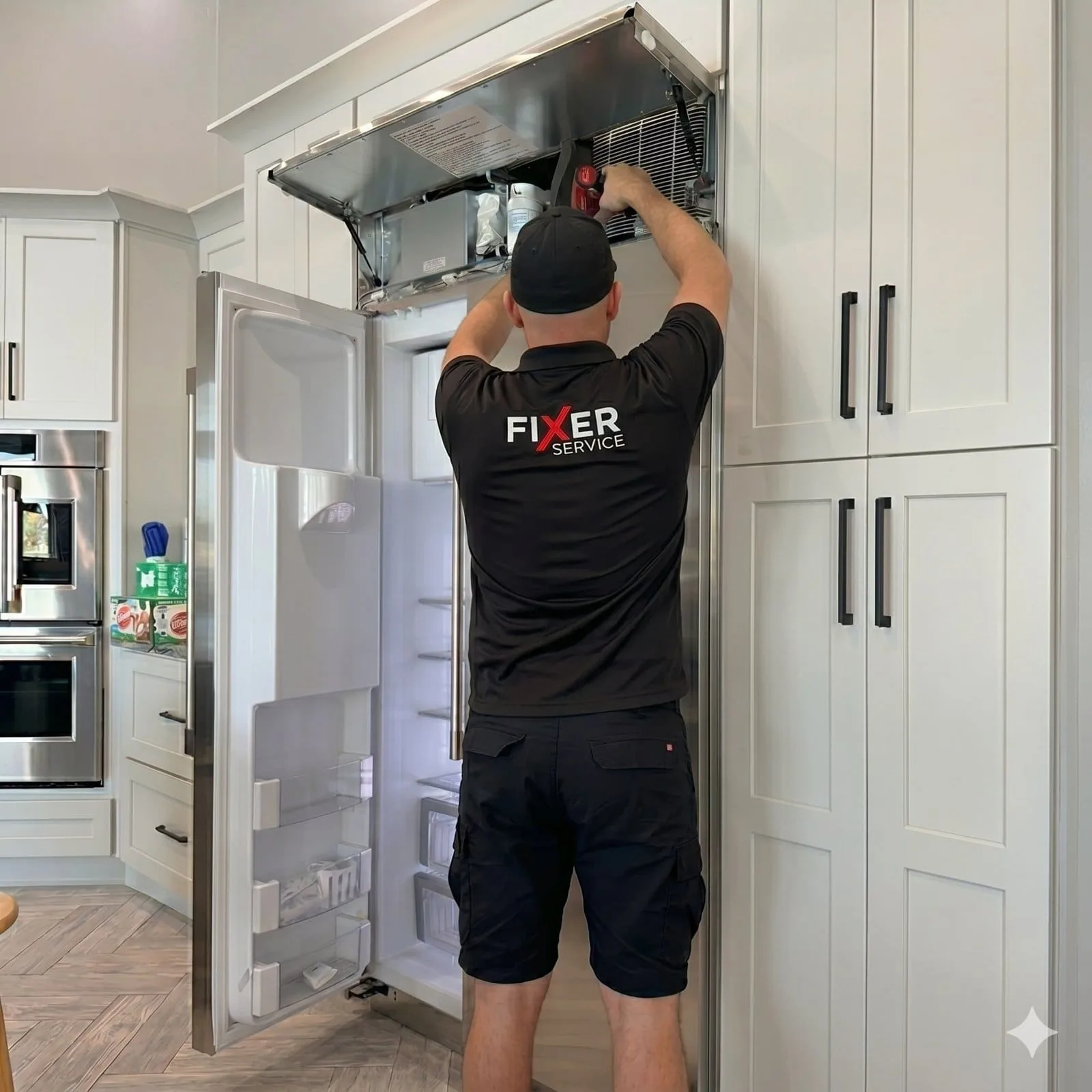 Fixer Service technician servicing a GE Monogram built-in refrigerator top panel — New Port Richey