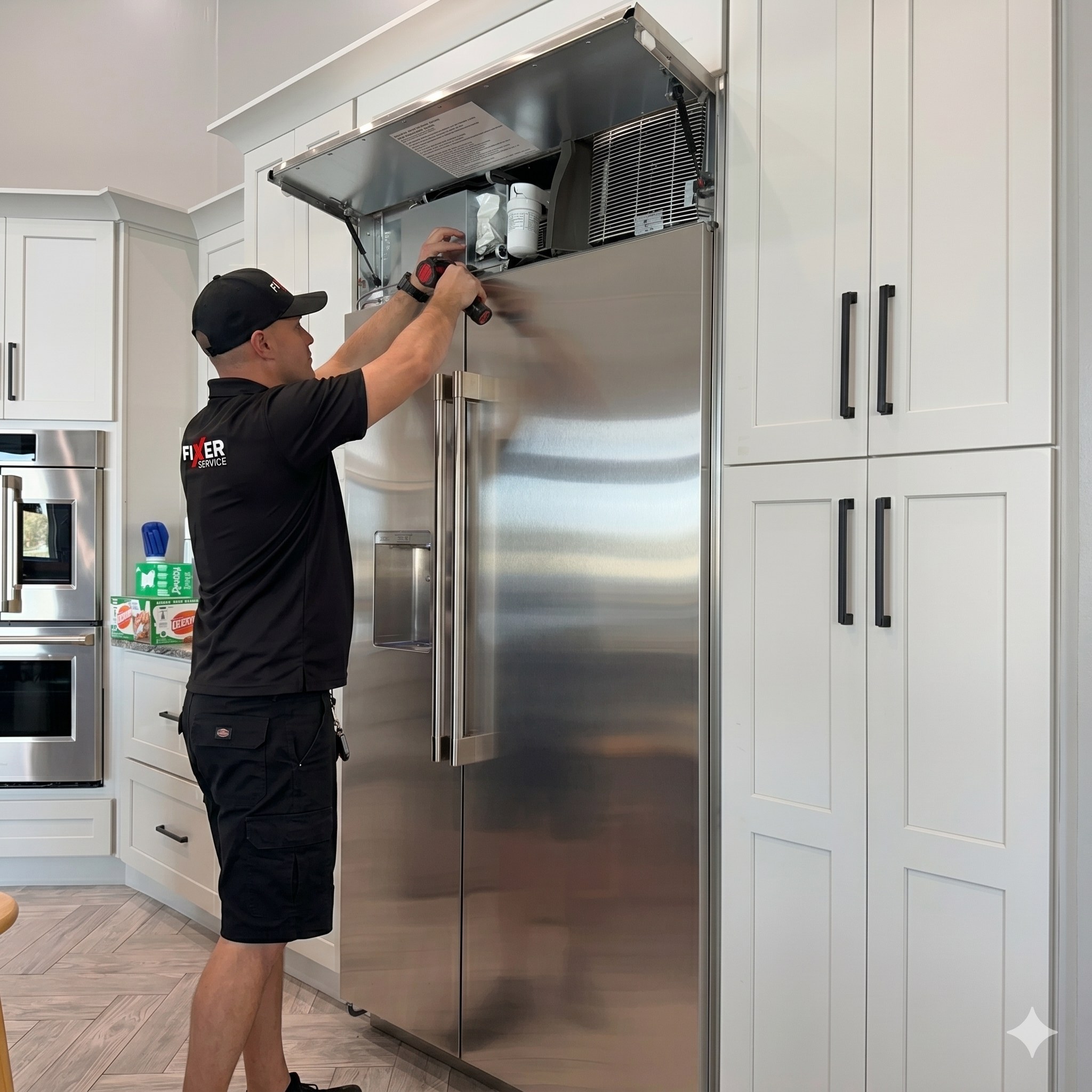 Fixer Service technician working on the top service compartment of a GE Monogram refrigerator — New Port Richey