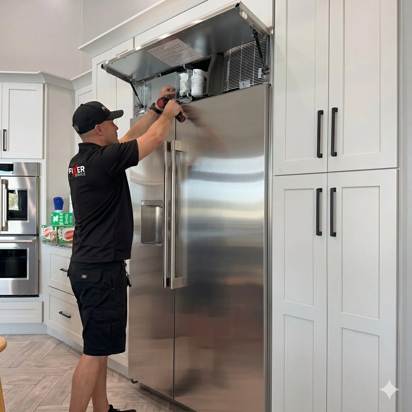Fixer Service technician working on the top service compartment of a GE Monogram refrigerator — New Port Richey