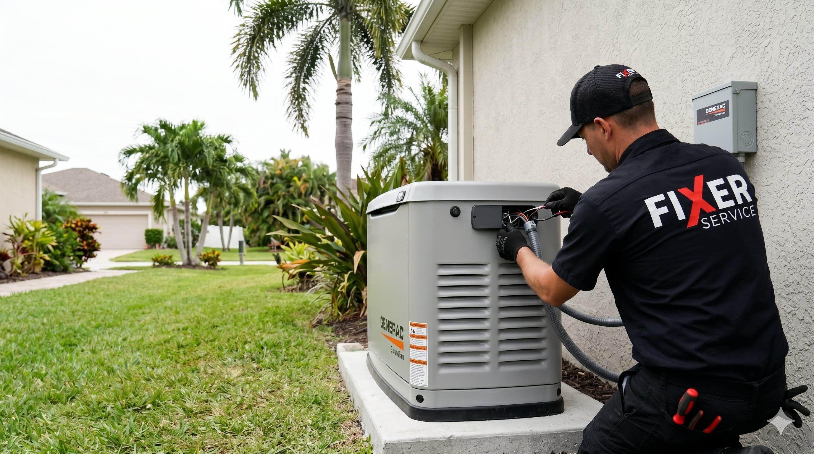 Fixer Service electrician connecting wiring on a whole-home standby generator in Tampa Bay