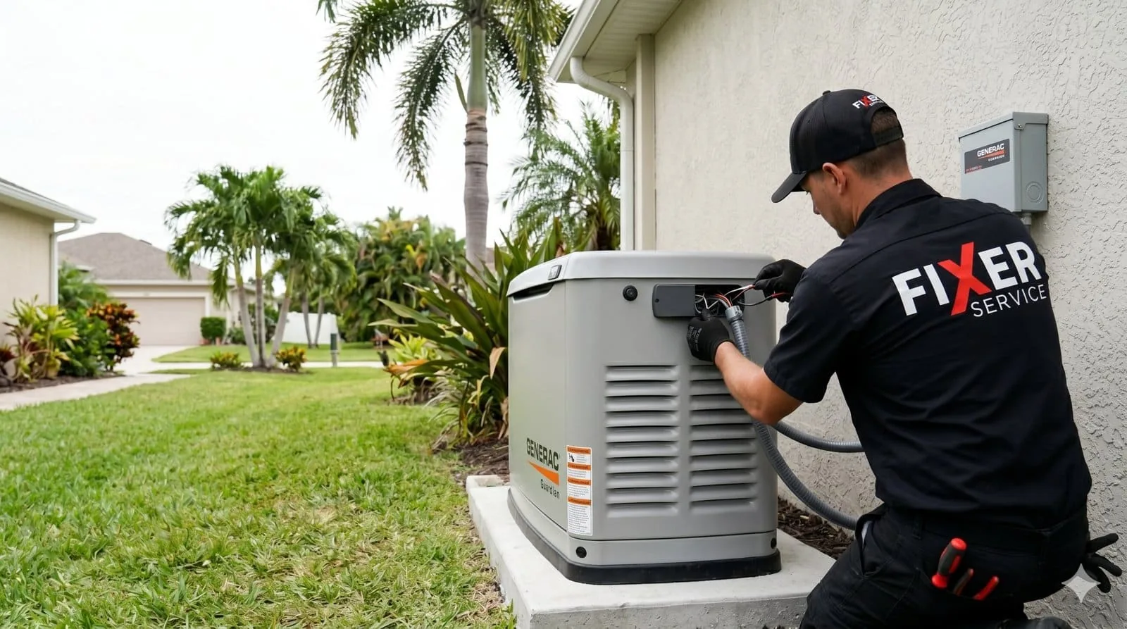 Fixer Service electrician connecting wiring on a whole-home standby generator in Tampa Bay