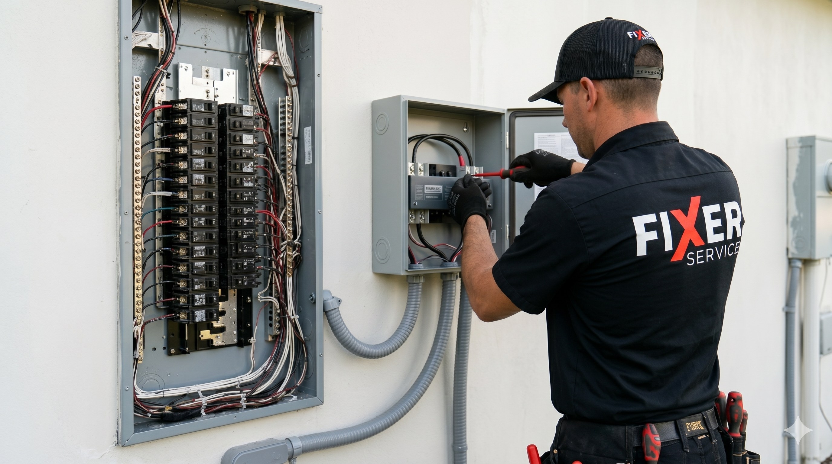 Licensed electrician installing an automatic transfer switch for a standby generator — Tampa Bay
