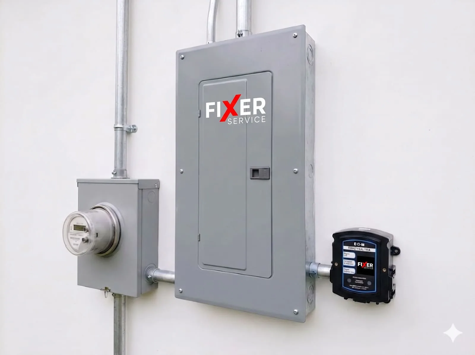 Whole-home surge protector mounted at the meter and main panel on a Tampa Bay home — Fixer Service