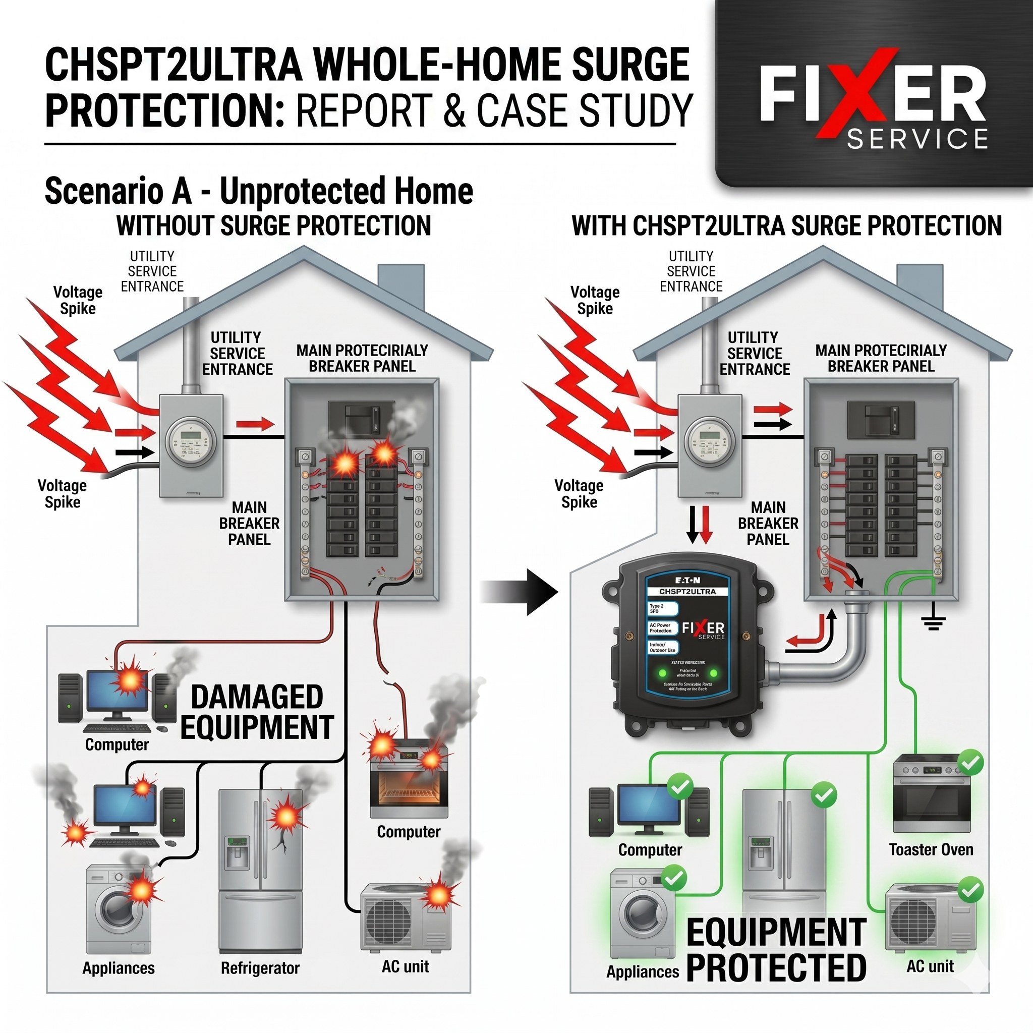Diagram comparing an unprotected home to one with CHSPT2ULTRA whole-home surge protection