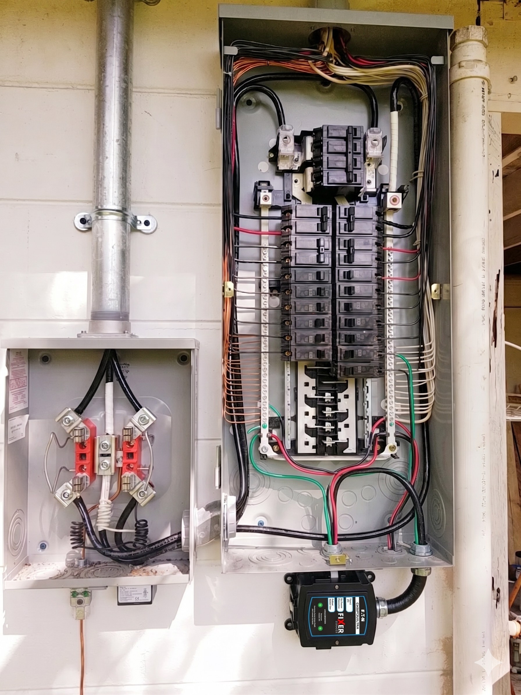 Whole-home surge protector wired into an open electrical panel in Tampa Bay