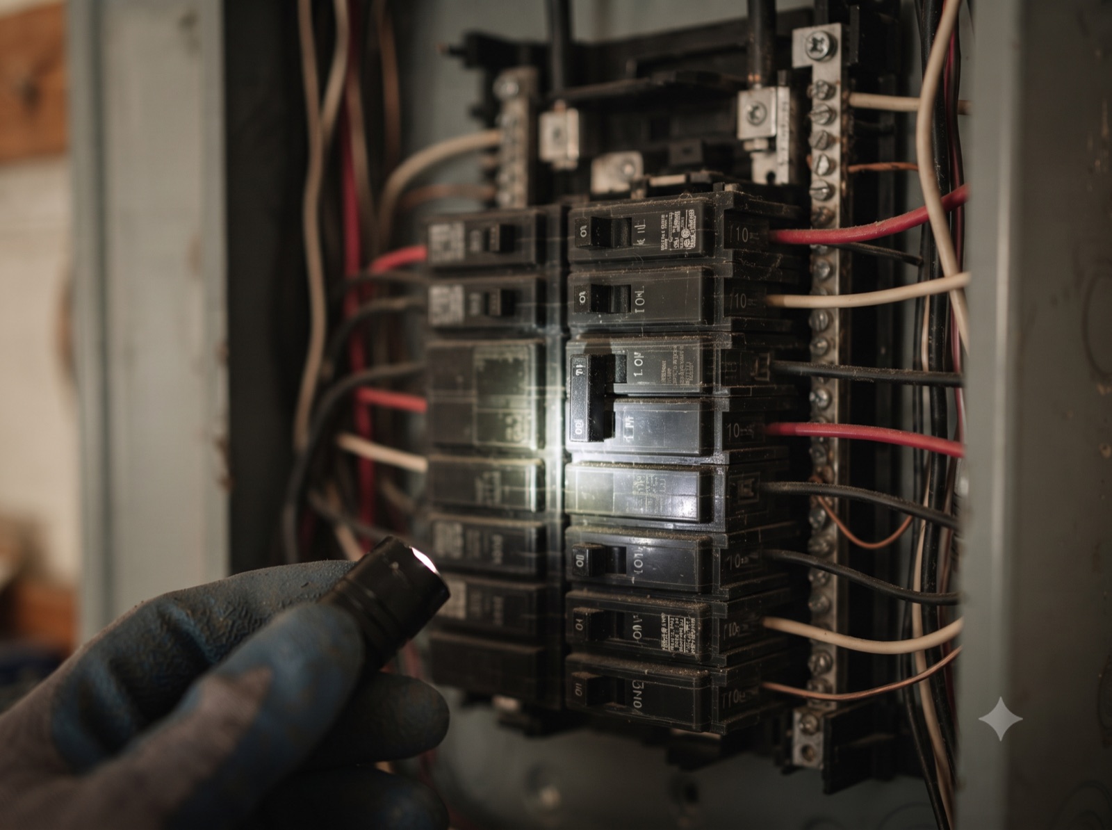 Close-up of a tripped circuit breaker switch caught mid-trip inside a Tampa Bay home panel