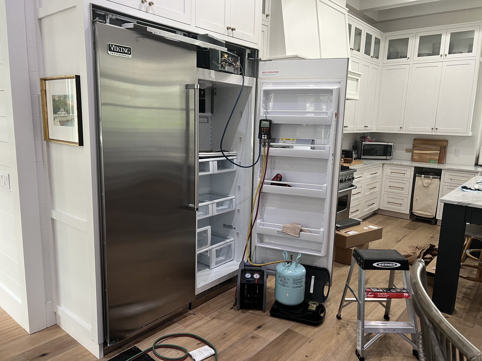 Viking refrigerator sealed system on gauges with refrigerant recovery during a Tampa Bay repair